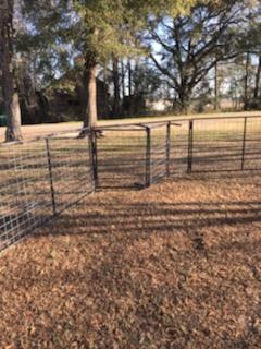 Hog trap corral panels set up under trees